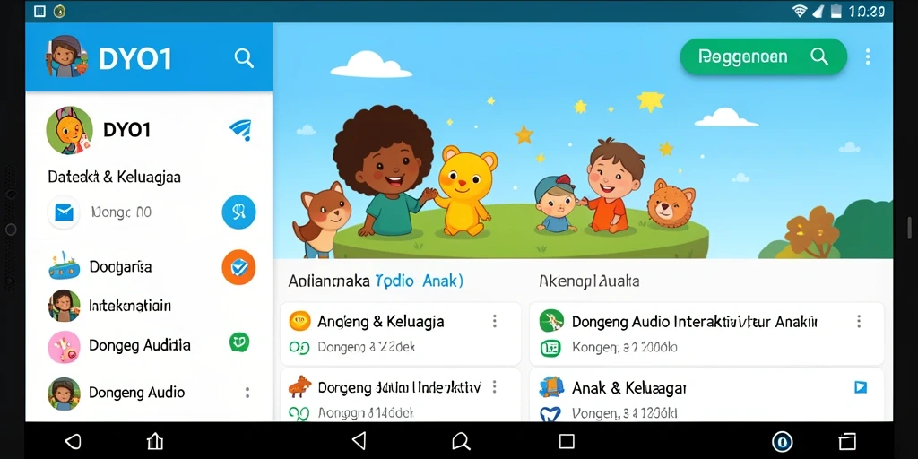 Tampilan aplikasi DYO1 dengan antarmuka Dongeng Audio yang menarik.